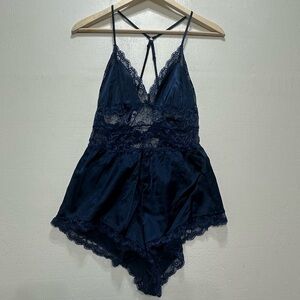 Navy Lace Trim Satin Chemise best fits size small (no tags) 26” waist